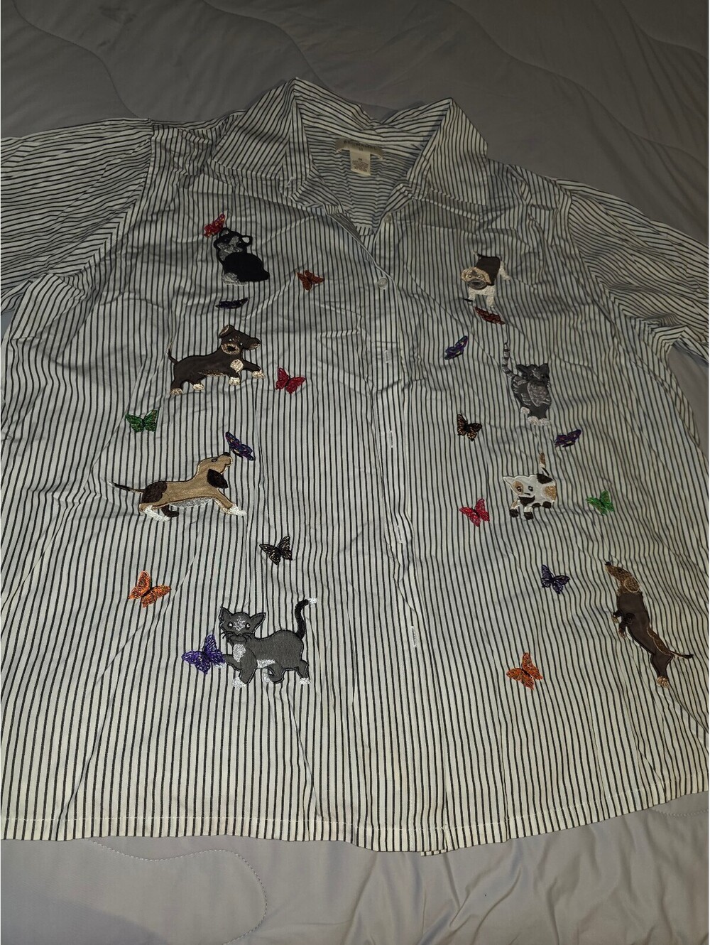 Bechamel Striped Button-Up Shirt Embroidered Dogs Cats Butterflies Sz 2X